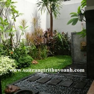 Tiểu cảnh sân vườn trang trí bằng sỏi đen tự nhiên