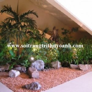 Tạo điểm nhấn cho tiểu cảnh gần cầu thang bằng sỏi hồng tự nhiên