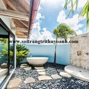 Sỏi đen tự nhiên trang trí phòng tắm ngoài trời