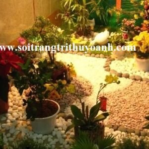 Tiểu cảnh sân thượng trang trí bằng sỏi trắng và sỏi hồng tự nhiên